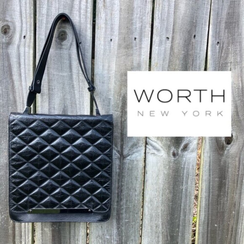 WORTH New York Quilted Leather Handbag Purse Black Adjustable Flap Bag